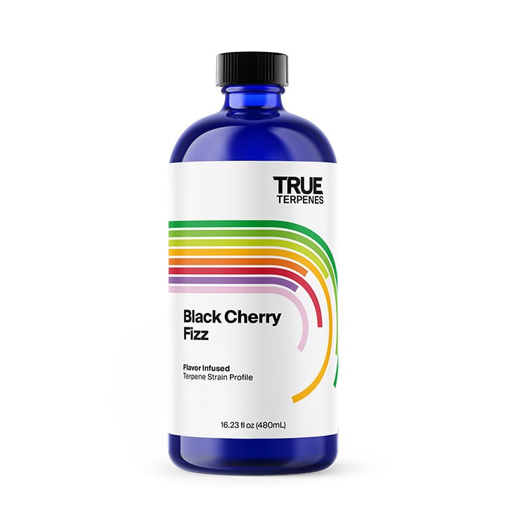 Bottle of Black Cherry Fizz Terpene Strain on a Pure White Background, Highlighting the Clear, Quality Packaging