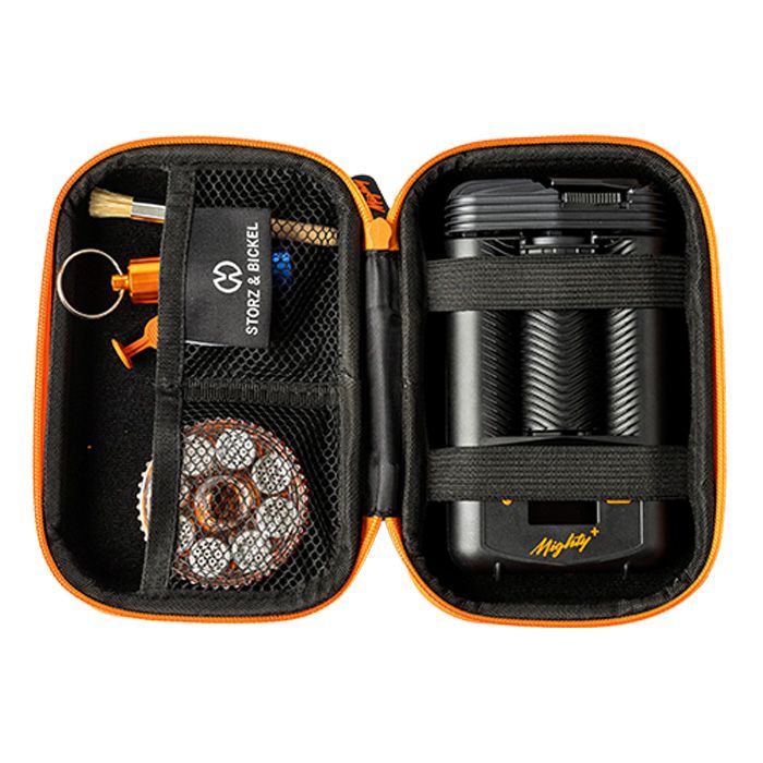 Open view of the Storz & Bickel Mighty carry case showing compartments